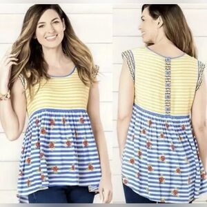 Matilda Jane Women's Floral Stripped Blouse Top Hi Lo Tunic Top Yellow Blue L